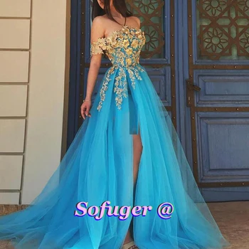 Apsvaiginimo Mėlyna Tiulio Vakaro Suknelės Prom Aukso Appliques Valtis Kaklo Saudo Arabų Specialios Dubajus Chalatas De Soiree Užsakymą