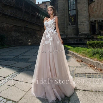Elegantiškas 3D Gėlės, Vestuvių Suknelės, 2021 Rožinė Giliai V Kaklo, Rankovių Boho Vestuvių Suknelės Vestido De Novia Traukinio Nuotakos Suknelė