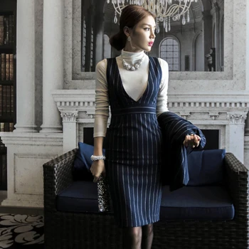 2018 aukštos kokybės Darbo Dryžuotas Office Lady sijonas Tinka Dviejų dalių Rinkiniai Elegantiškas Moterų Švarkas Švarkas + Mados Apvalkalą sijonas Femme