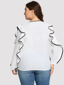 2021 m. Vasarą Karšto pardavimo Atsitiktinis ilgomis Rankovėmis Palaidinė Plius dydis 5XL XXXXL Slim Moterų Viršūnių Naujas Šifono Ruffles O-Kaklo marškinėliai