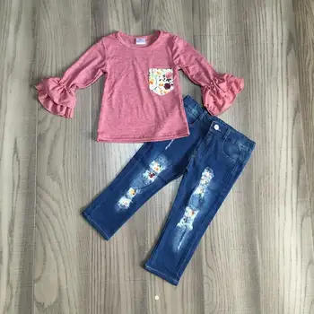Baby Girl drabužiai mergaitėms rudens/žiemos komplektai susiėmę marškinėliai viršuje su džinsai, kelnės mergaitėms boutique drabužių