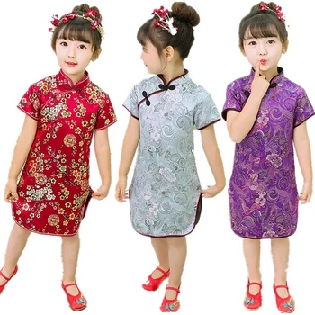 Brokatas Baby Girl Šilkiniai Suknelė Gėlių Vaikai Chi-Pao Pavasario Šventė Cheongsam Kostiumai, Drabužiai Vaikams, Vestuvių Suknelės, Šaliai, Qipao