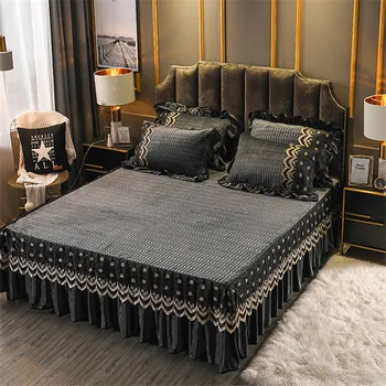 Crystal Aksomo skirted lova padengti 3pcs Europos lovatiesės anti-slip vientisos spalvos aksomo čiužinys padengti prabangos kokybės multi-dydis