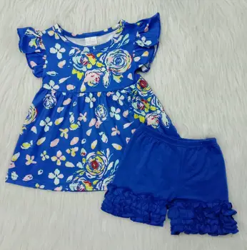 Didmeninės kūdikių mergaičių boutique drabužių nustatyti bamblys kūdikiams trumpomis rankovėmis mėlyna gėlių pynimas šortai vaikams, vaikiška vaikų drabužiai
