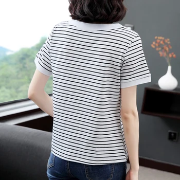 Dryžuotas Moterys T-Shirt Appliques Viršūnes Moterų Marškinėlius 2020 Korėjos Mados Plius Dydis Moterų Drabužiai Camisetas Mujer Tee Marškinėliai Femme