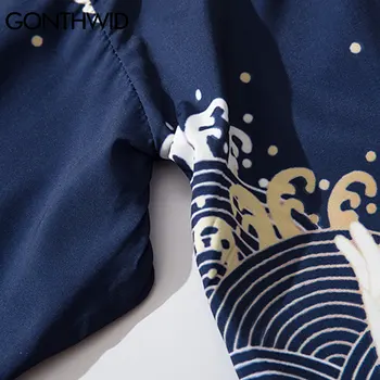 GONTHWID Kimono Megztinis Striukės, Marškiniai Japonijos Ukiyoe Kranai Bangos Spausdinti Palaidinė Striukė, Marškinėliai Streetwear Hip-Hop Harajuku Viršūnės