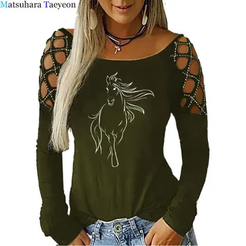 Mados Kūrybos Arklių Marškinėlius Moterims ilgomis Rankovėmis O-Kaklo T-shirt Moters Drabužių Gyvūnams Viršūnes ilgomis Rankovėmis Hollowing Iš Viršaus Tees