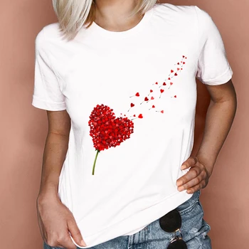 Moterų Grafinis 2021 Gėlių Elegantiškas Mados Saldus Meilė Valentino Lady Drabužius Viršūnes Tees Spausdinti Moterų Marškinėlius (T-Shirt