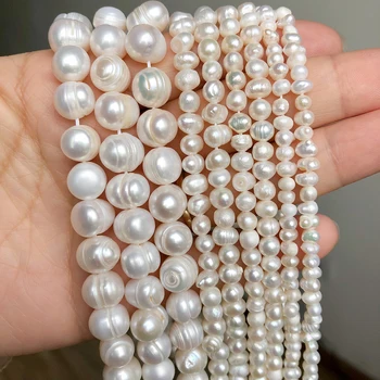 Natūralūs Baltos spalvos Gėlavandenių Perlų Karoliukai Netaisyklingos Apvalios Dirbtiniu būdu išauginti Perlai, 