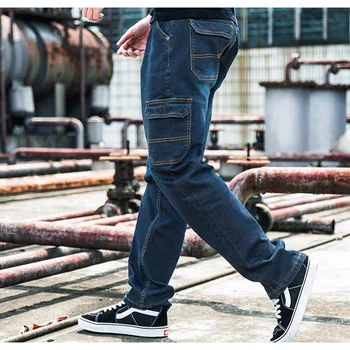 Naujas multi-kišenės, tiesios džinsai, vyriški ilgio džinsai lauko atsitiktinis darbo drabužiai vyrams Krovinių Pants Plus size 28-46 48