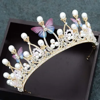 Naujo Dizaino Mažai Princesė Mielas Headpieces Aukso Metalo Drugelis Imituojamas Perlų, Kristalų Rožančiai Karūnas Moterims Gimtadienio Papuošalai