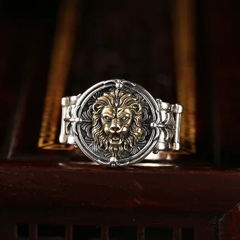 Nekilnojamojo Kieta 925 Sidabro Žiedas Vyras Liūtas Žiedas Derliaus Steampunk Retro Dviratininkas Mens Sterlingas Sidabro Atidarykite Reguliuojamas Žiedo Jewelrys