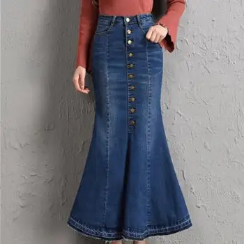 Plius dydis S-9XL moterų džinsinio sijonai Aukšto juosmens ilgai paketo klubo džinsinio audinio sijonas mados ponios trimitas undinė sijonas