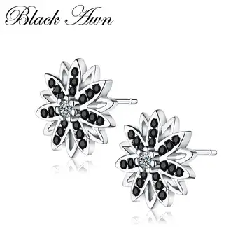 Romantiška 1.2 g Originali 925 Sterlingas Sidabro Fine Jewelry Gėlių Black&White Akmens Sužadėtuvių Stud Auskarai už WomenT119