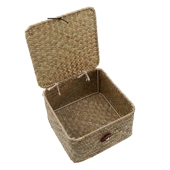 Rotango Laikymo dėžę su Dangčiu, Seagrass Austi Laikymo Krepšelis Rankų darbo Kosmetikos Krepšelį Vytelių Konteinerių Darbalaukio Biuro Dekoras