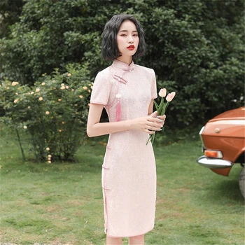 Rožinė pagerėjo cheongsam suknelė 2020 naujas sexy nėrinių Kinų tradicinė suknelė didelio dydžio plonas temperamentas Qipao skraiste chinoise