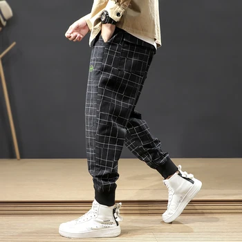 Rudens Mados Vyrai Džinsai Pledas Dizaineris Atsitiktinis Krovinių Kelnės Plačios Kojos Haremo Kelnės Japonijos Derliaus Hip-Hop Poilsiu Kelnės Vyrams