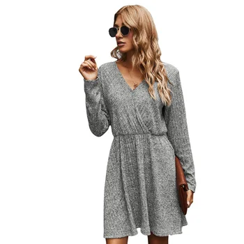 Tarpvalstybinės Moterų EBay Karšto Pardavimo 2020 M. Rudens ir Žiemos V-Neck Sweater Dress Kietos Kelio Ilgis