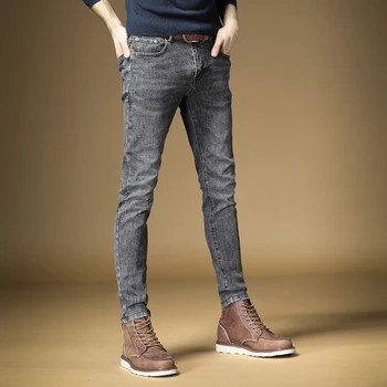 Verslo Vyrų Džinsai Ruožas Tiesios Kelnės Slim Fit Streetwear Rudens, Žiemos, Tamsiai Mėlyna Džinsinio Audinio Kelnės