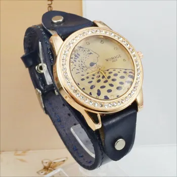 Womage Žiūrėti Mados Derliaus Moterų Laikrodžiai Leopard Laikrodžiai Kristalų Laikrodžiai Moterims Odos Juosta Kvarcinis Laikrodis Reloj Mujer