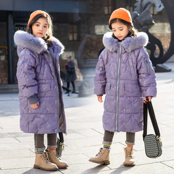 Žiemos Ilgos Striukės Mergaitėms 8 10 12 metų, Natūrali Lapės Kailio Apykaklė Princesė Purpurinis Rožinis Kailis Paauglių Viršutiniai drabužiai 2020 Naujas