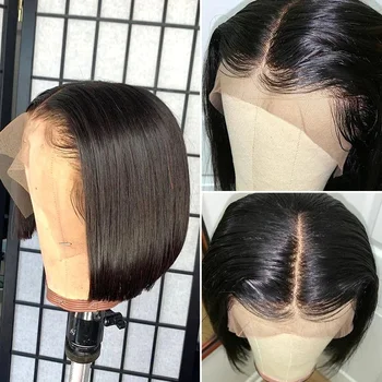 13x4 nėriniai priekiniai žmogaus plaukų perukai už juodaodžių moterų kaulų tiesiai trumpas bob priekinės perukas remy nėriniai perukas žmogaus plaukų 4x4 uždarymo perukas