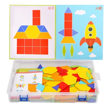 170 vnt/set Spalvingi Mediniai Tangram Dėlionės, Žaislų, Kūrybinės Mozaika Mediniai Ankstyvojo švietimo žaislai vaikams