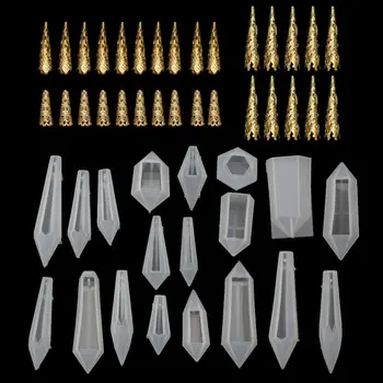 19Pcs Dervos Švytuoklės Formų Silikono Kvarco Kristalo Formos su 30Pcs Metalo Granulių Epoksidinės UV Dervos Formų Papuošalai, Įrankiai