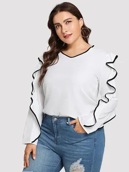 2021 m. Vasarą Karšto pardavimo Atsitiktinis ilgomis Rankovėmis Palaidinė Plius dydis 5XL XXXXL Slim Moterų Viršūnių Naujas Šifono Ruffles O-Kaklo marškinėliai