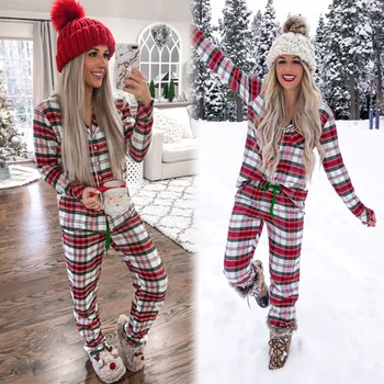 Kalėdų Moterų Pižama Rinkiniai Raudona Plaids Sleepwear Rudens Žiemos Ilgomis Rankovėmis Mygtuką Viršuje, Raišteliu Kelnės Moteriška Pižama