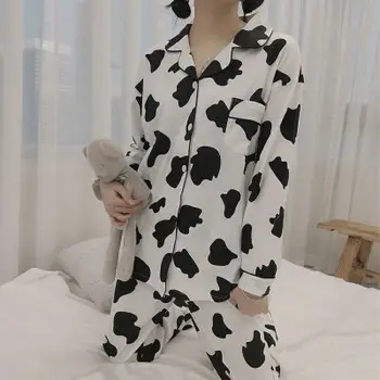 Pijamas Moterų Pižamos Mielas Karvių Spausdinti Pižama Atsitiktinis Patogiai Homewear Dviejų Dalių Sleepwear Moterų Vasaros Rinkinys Moterims