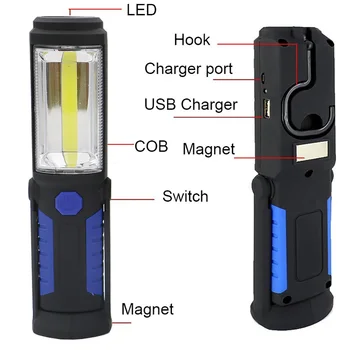 Sanyi USB Įkraunamas LED Žibintuvėlis Fakelas Darbą Šviesos Magnetinis Stendas COB Lanterna įmontuota Baterija Kablys Žibintai Vairo Bankas
