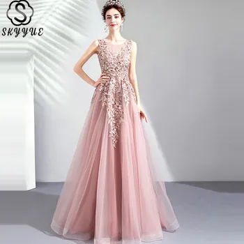 Skyyue Prom Dress O-Kaklo Floor-Length Rankovių Seksualus Promenadzie Suknelė Siuvinėjimo Duobute-Line Tiulio Vestidos De Gala E283