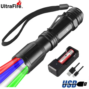 UltraFire LED žibintuvėlis zoom taktinis žibintuvėlis 4-spalva, 1 profesinio lauko medžioklės flash USB įkrovimo 18650 baterija