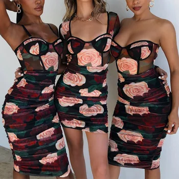 VIBESOOTD Aikštėje Apykaklės Matyti Per Akies Gėlių Puoštas Moterų Mini Suknelės Klubas Šalies Mados Elegantiška, Seksuali Suknelė 2021New