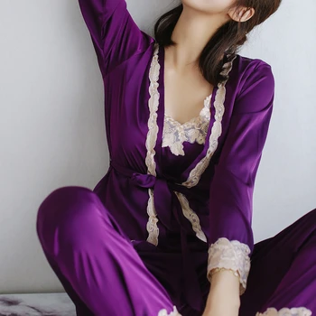 3 Gabalus Satino Sleepwear Moterų Sexy Nėrinių, Šilko Pižama Nustatyti Tuščiaviduriai Iš Kailio Diržas Liemenės Visas Ilgis Kelnes Skraiste Suknelė Nustatyti H650