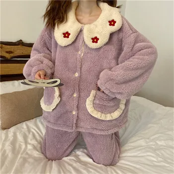 3 spalvų žiemos mielas gėlių spausdinti pižama nustatyti Šiltos Pižamos moterims ilgomis rankovėmis kišenės sleepwear koralų fleece loose namuose nustatyti L133