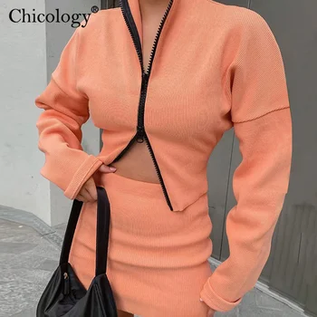 Chicology užtrauktukas Tracksuit lašas pečių ilgomis rankovėmis pasėlių viršuje, sijonas, 2 dviejų dalių rinkinys moterims 2020 m. rudens-žiemos drabužių streetwear