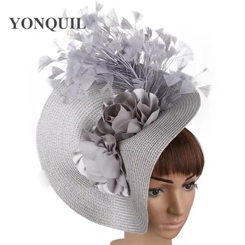 Dirbtinė šiaudų didelis derbis fascinator skrybėlę gražus gėlių vinjetė ekrano užsklandą su išgalvotas plunksnų lenktynes, plaukų aksesuarai, plaukų įrašą