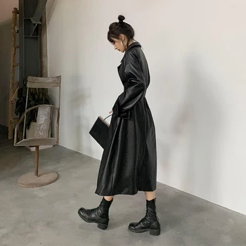 Lautaro Ilgai negabaritinių odos tranšėjos paltai moterims ilgomis rankovėmis atvartas, palaidi tinka Rudenį juoda moterų plius dydis drabužių streetwear