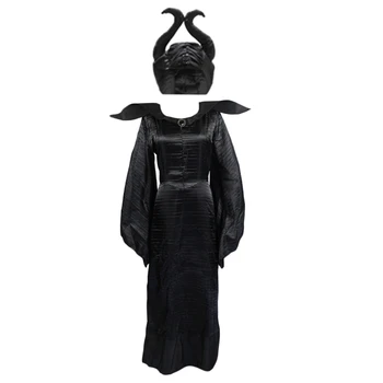 Moterų Plius Dydis Helovinas Filmą Deluxe Juoda Ilga Suknelė Blogio Karalienė Ragana Dress Cosplay Kostiumas Šalis su Ragų Kepurę Vinjetė