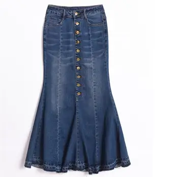 Plius dydis S-9XL moterų džinsinio sijonai Aukšto juosmens ilgai paketo klubo džinsinio audinio sijonas mados ponios trimitas undinė sijonas