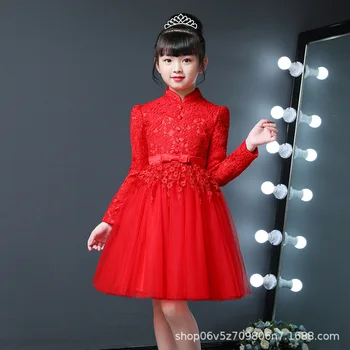 Puošnus, baltos spalvos Nėrinių Vaikų Kinų Stiliaus Žiemą Gėlių Mergaitė Princesė Šventė Suknelė vaikams, Elegantiškas Atostogų Šalis Suknelė Frocks