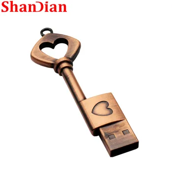 SHANDIAN Metalo Meilė Širdies Klavišą USB2.0 Flash Drive 4GB 8GB 16GB 32GB 64GB 128GB Pen Drives Memory Stick Mados Dovana Nekilnojamojo Gapacity