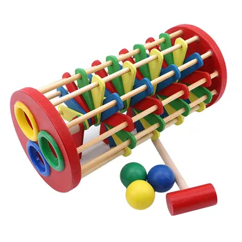 Spalvingas Medinis Trankyti Kamuolys Kopėčių Žaislas Roll Medinis Bokštas Su Plaktuku Žvalgybos Plėtros Žaislas, Skirtas Kūdikiams, Vaikams, Vaikų Dovanų