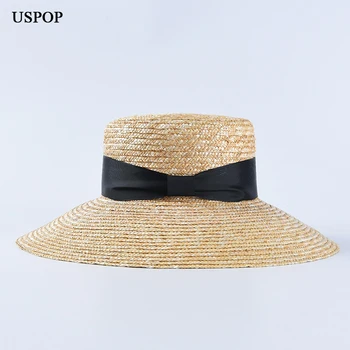 USPOP Naujas vasaros saulės kepurės moterims, moteriška derliaus flat top natūralių šiaudų skrybėlę platus kraštų lankas paplūdimio skrybėlę