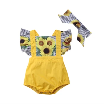 2018 m. Vasaros Naujagimiai, Vaikai Baby Girl Saulėgrąžų Bodysuit Jumpsuit Sunsuit Komplektus, Dydis 0-24M