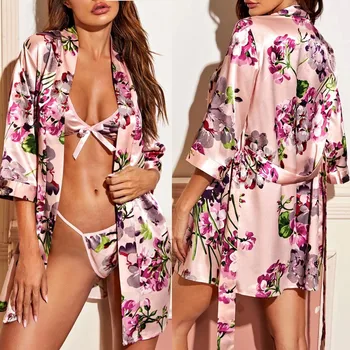 3PCS Ponios pižama nustatyti 2020 Naujus Satino, Šilko Pižama Moterų Nightdress moteriškas apatinis Trikotažas, Apatiniai Rūbeliai Sleepwear Seksuali Mini Kietas Suknelė#3