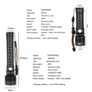 Galingas Ryškesnis XHP50/70.2 LED Taktinis Žibintuvėlis atsparus Vandeniui Zoom Naudoti 18650 arba 26650 Baterija Lauko Medžioklės Kempingas Fakelas