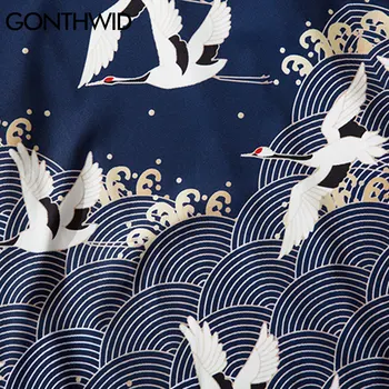 GONTHWID Kimono Megztinis Striukės, Marškiniai Japonijos Ukiyoe Kranai Bangos Spausdinti Palaidinė Striukė, Marškinėliai Streetwear Hip-Hop Harajuku Viršūnės